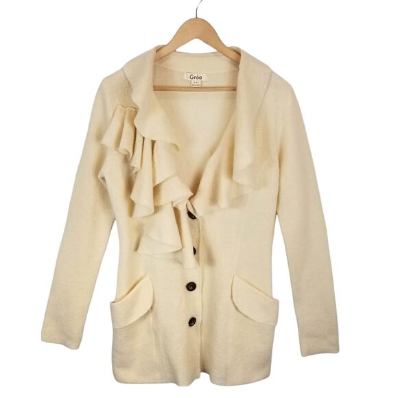 Groa 100% Boiled Wool Cream Ruffle Cardigan Size EU 38 - Picture 1 of 6